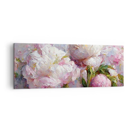 Obraz na płótnie - Romantyczne kwiaty piwonii w pastelowych barwach - 140x50cm - Kipiący życiem bukiet - Nowoczesna dekoracja ścienna do salonu i sypialni ARTTOR