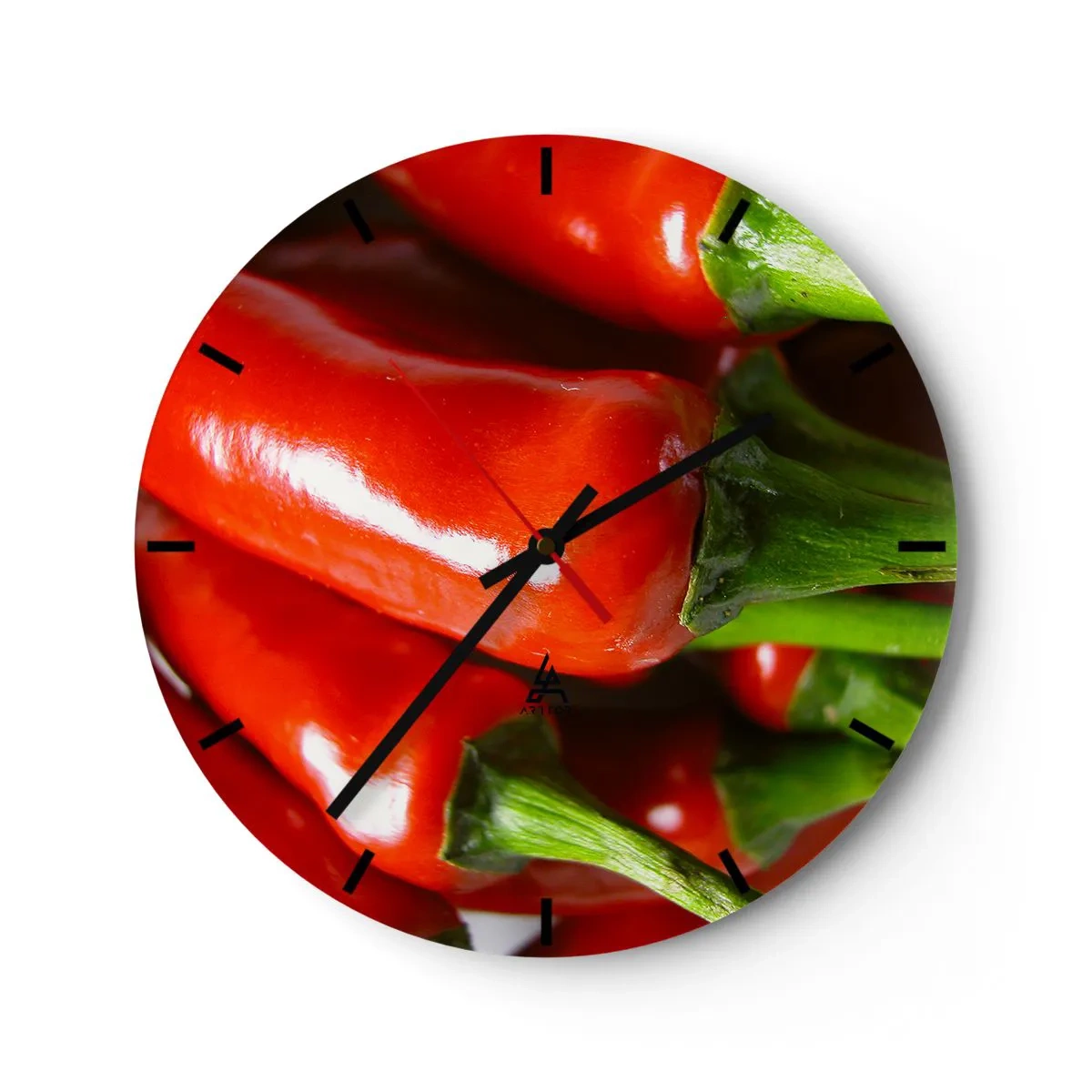 Zegar ścienny - Czerwone papryczki chili w zbliżeniu - 30x30cm - Soczyste, błyszczące, gładkie - Nowoczesna dekoracja ścienna do salonu, kuchni i sypialni ARTTOR