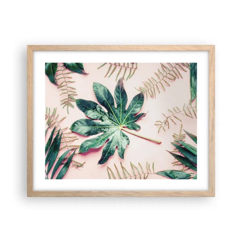 Plakat w ramie jasny dąb - Studium zieleni na różowym tle - 50x40 cm