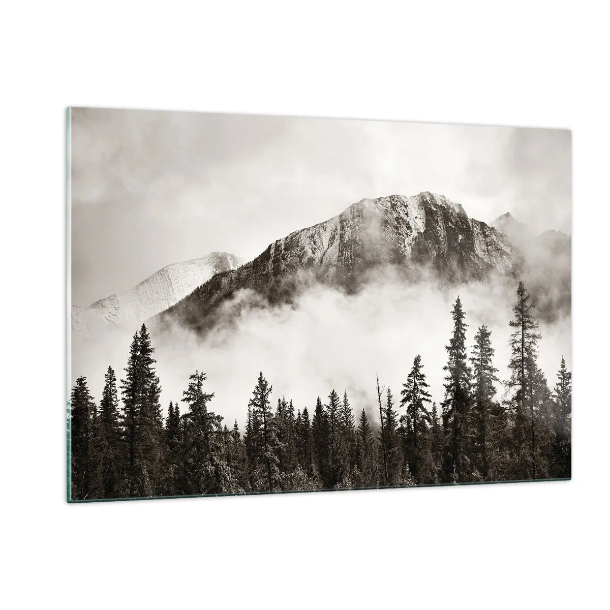 Obraz na szkle - Górski krajobraz z lasem i mgłą w odcieniach sepii - 120x80cm - Granitowy władca - Nowoczesna dekoracja ścienna do salonu, kuchni i sypialni ARTTOR