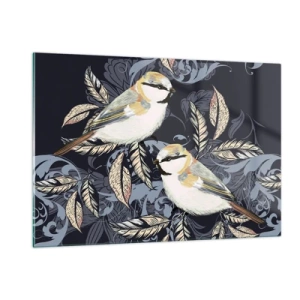 Obraz na szkle - Ilustracja dwóch ptaków na ciemnym tle z ornamentami - 120x80cm - Żółto-błękitny trel - Nowoczesna dekoracja ścienna do salonu, kuchni i sypialni ARTTOR