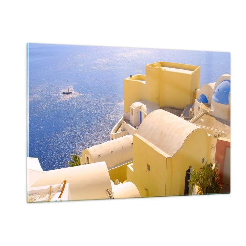Obraz na szkle - Widok na Santorini z błękitnym morzem i białymi budynkami - 120x80cm - Grecki pejzaż w bieli i błękicie - Nowoczesna dekoracja ścienna do salonu, kuchni i sypialni ARTTOR