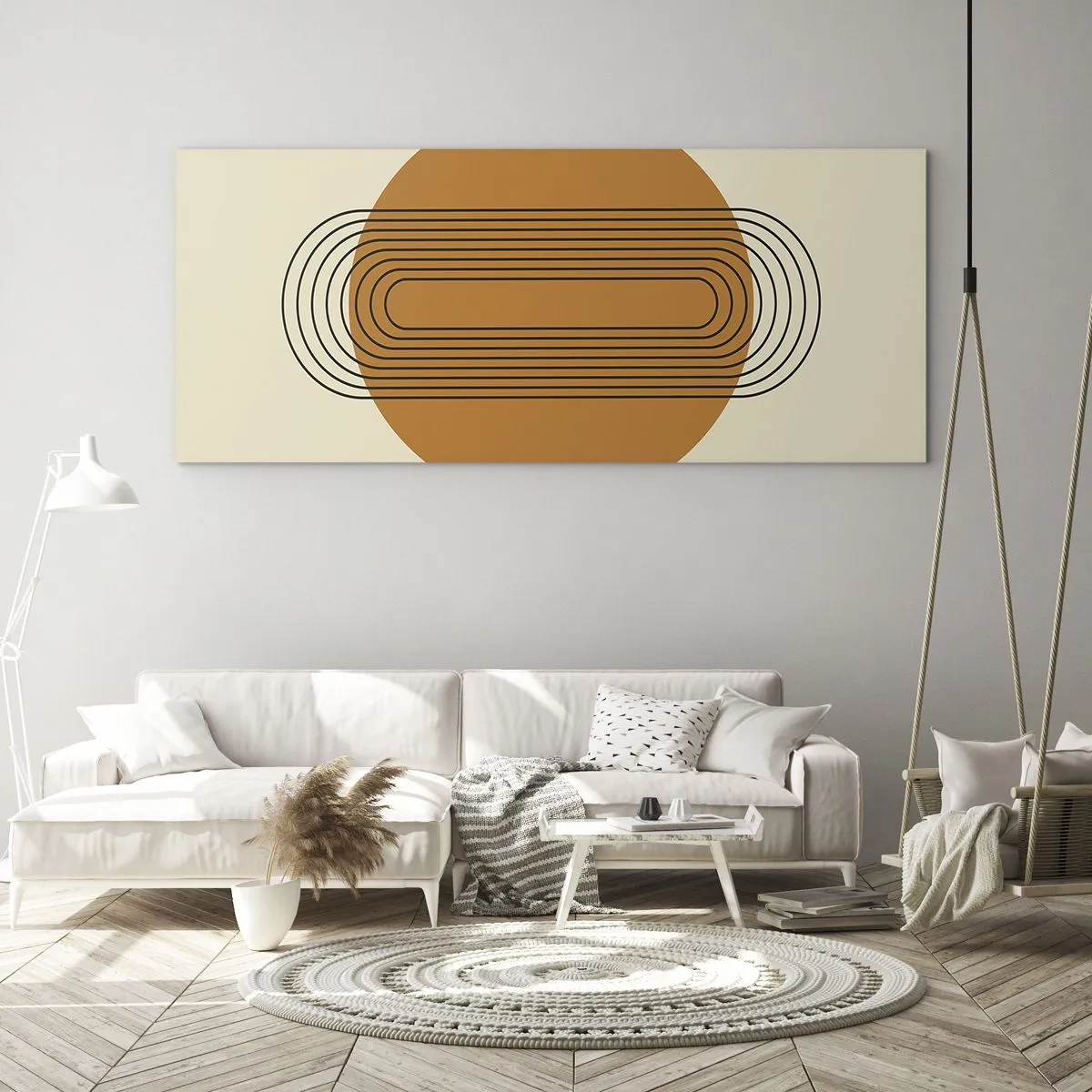 Obraz na szkle - Geometryczny wzór z pomarańczowym kołem i liniami - 120x50cm - Plan doskonały - Nowoczesna dekoracja ścienna do salonu i sypialni ARTTOR