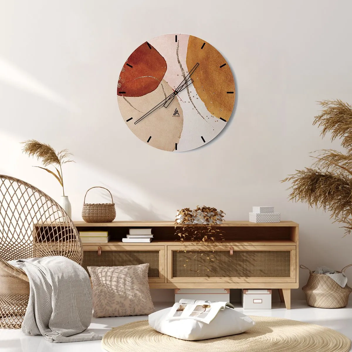 Zegar ścienny - Abstrakcyjna kompozycja z plamami w kolorach ziemi - 30x30cm - Krągłość i ruch - Nowoczesna dekoracja ścienna do salonu, kuchni i sypialni ARTTOR