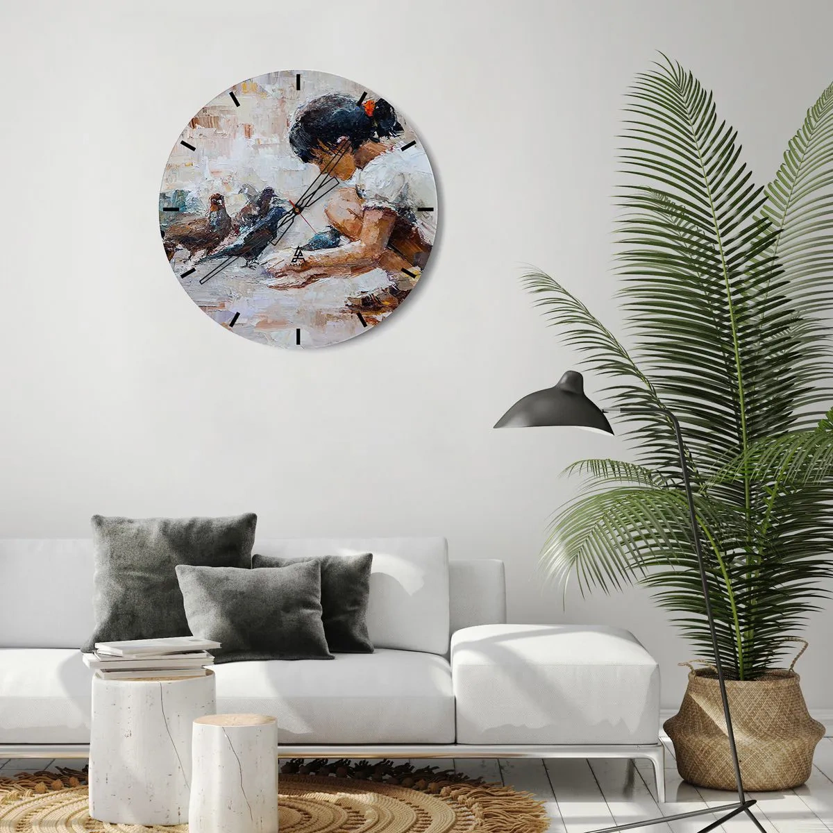 Zegar ścienny - Dziewczynka karmiąca gołębie na malarskim tle - 30x30cm - Maluczcy i najmilsi - Nowoczesna dekoracja ścienna do salonu, kuchni i sypialni ARTTOR