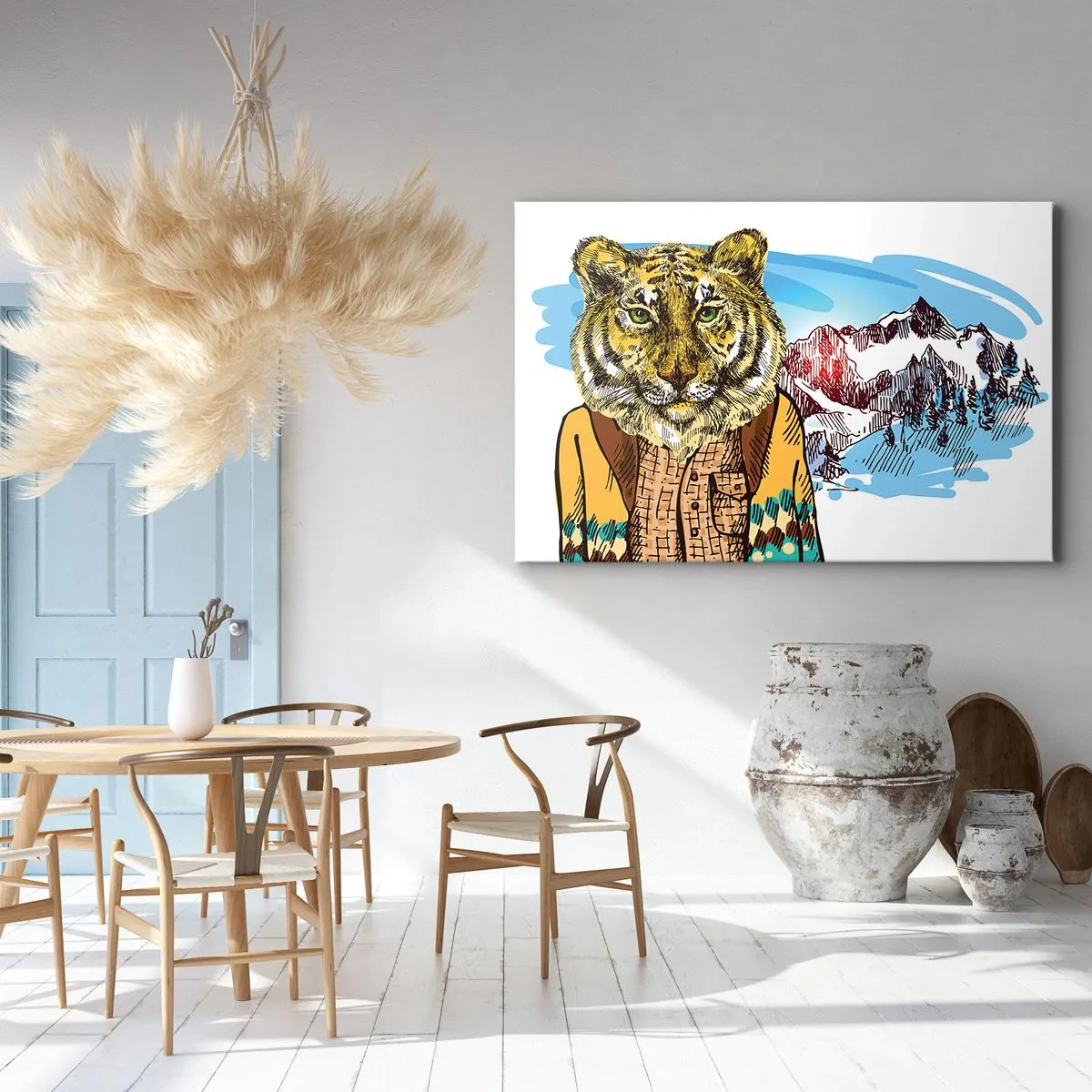 Obraz na płótnie - Tygrys w płaszczu na tle górskiego krajobrazu - 70x50cm - Nie taki dziki jak go rysują - Nowoczesna dekoracja ścienna do salonu i sypialni ARTTOR
