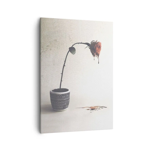 Obraz na płótnie - Symboliczny obraz zwiędłej róży w doniczce z rozlanym kolorem - 50x70cm - Rosa dolorosa - Nowoczesna dekoracja ścienna do salonu, kuchni i sypialni ARTTOR