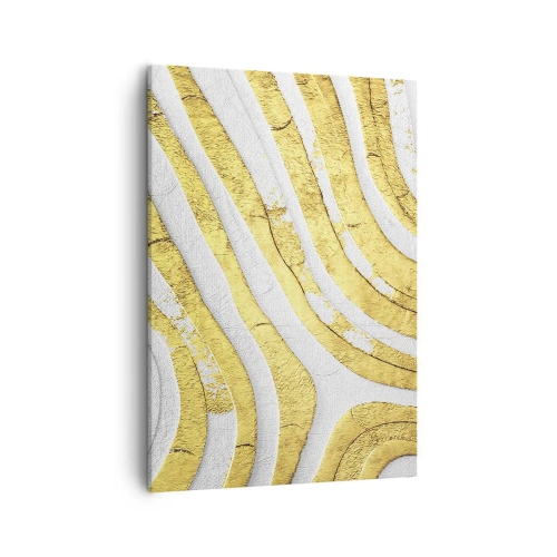 Obraz na płótnie - Abstrakcyjny wzór w złoto-białych falach o fakturze 3D - 50x70cm - Kompozycja w bieli i złocie - Nowoczesna dekoracja ścienna do salonu, kuchni i sypialni ARTTOR