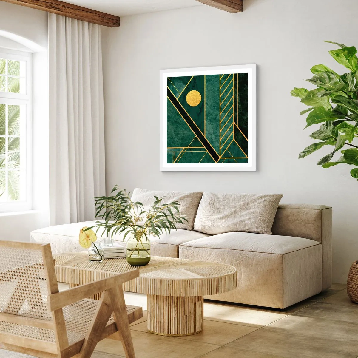 Plakat w białej ramie - Dynamika złota i lazuru - 40x40 cm