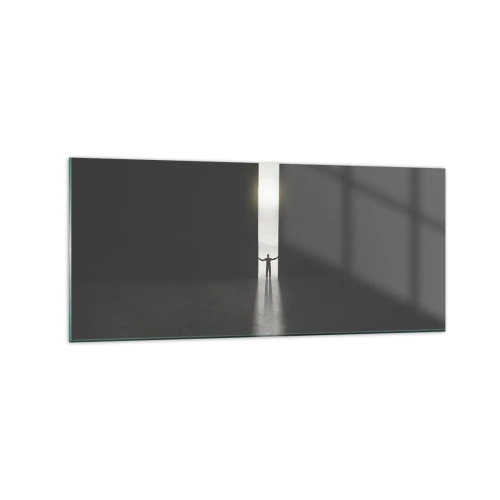 Obraz na szkle - Człowiek stojący w świetle wąskiej szczeliny w ciemnej przestrzeni - 120x50cm - Krok do jasnej przyszłości - Nowoczesna dekoracja ścienna do salonu i sypialni ARTTOR