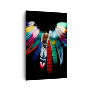 Obraz na płótnie - Kolorowe pióra na czarnym tle w artystycznej kompozycji - 80x120cm - Indiański naszyjnik - Nowoczesna dekoracja ścienna do salonu i sypialni ARTTOR