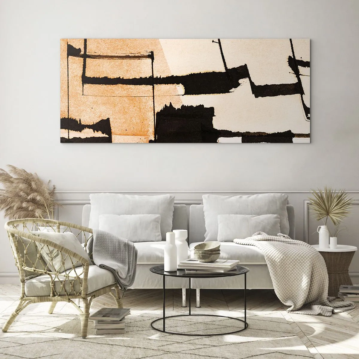 Obraz na szkle - Geometryczne wzory w odcieniach brązu i beżu - 140x50cm - Jednak porządek - Nowoczesna dekoracja ścienna do salonu i sypialni ARTTOR