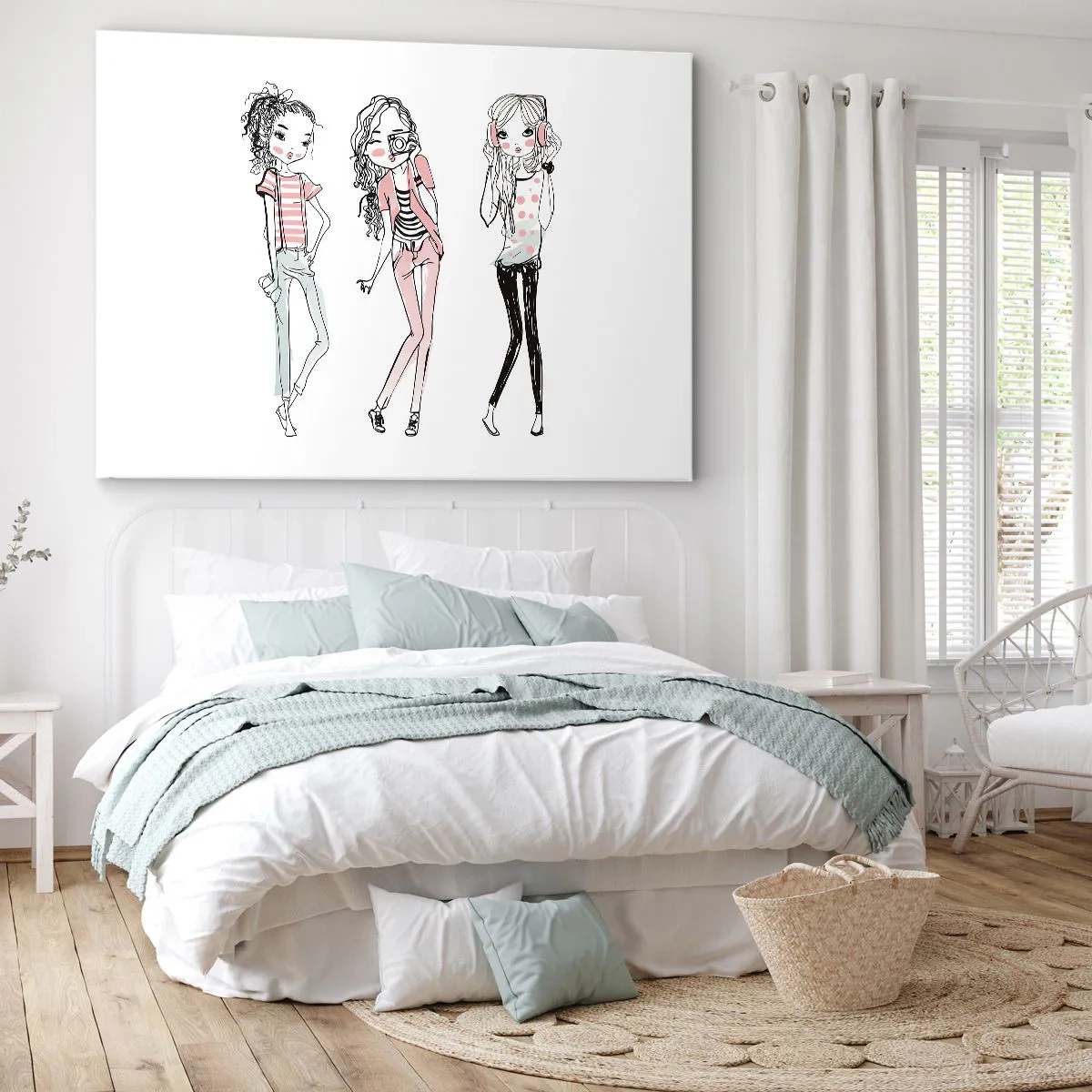 Obraz na płótnie - Ilustracja modnych dziewczyn w pastelowych kolorach - 70x50cm - Będzie, będzie zabawa - Nowoczesna dekoracja ścienna do salonu i sypialni ARTTOR