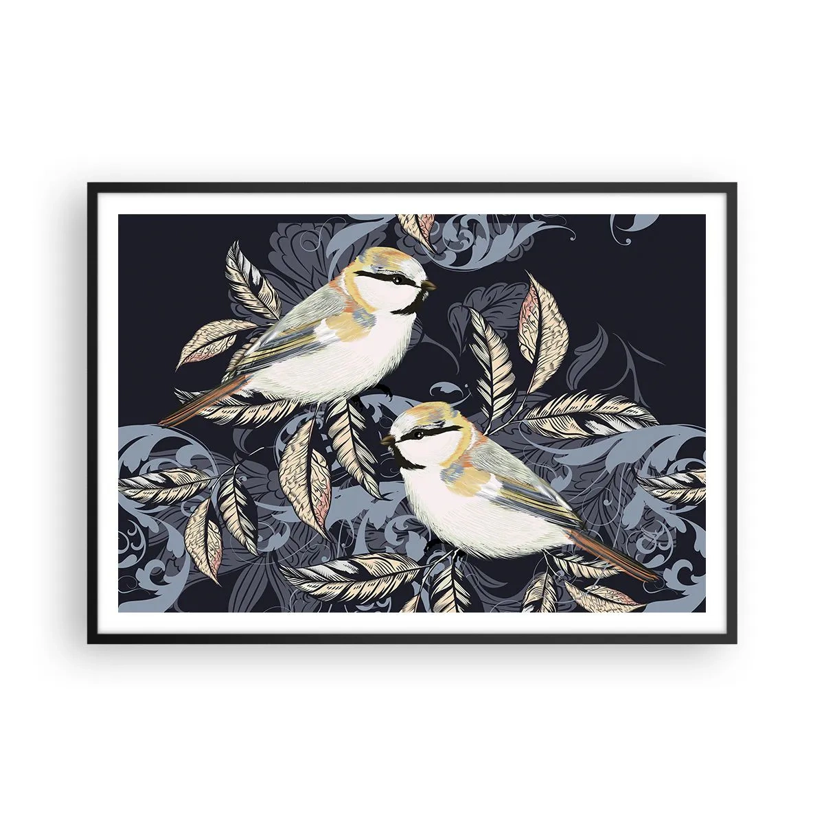Plakat w czarnej ramie - Ptaki na gałęziach w ornamentowym tle - 100x70cm - Żółto-błękitny trel - Nowoczesna dekoracja ścienna do salonu i sypialni ARTTOR