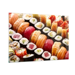 Obraz na szkle - Kolorowa kompozycja sushi z różnorodnymi składnikami - 100x70cm - Barwy i smaki Azji - Nowoczesna dekoracja ścienna do salonu, kuchni i sypialni ARTTOR