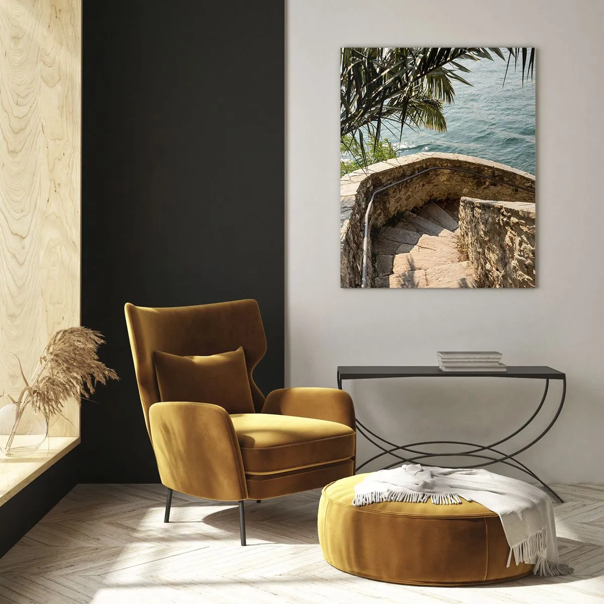 Obraz na szkle - Kamienne schody prowadzące w dół nad turkusową wodę otoczoną palmami - 70x100cm - Pod słońcem Italii - Nowoczesna dekoracja ścienna do salonu i sypialni ARTTOR