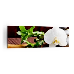 Obraz na płótnie - Biała orchidea z bambusem na tle kamieni w stylu Zen - 160x50cm - Poddaj się dotykowi natury - Nowoczesna dekoracja ścienna do salonu i sypialni ARTTOR