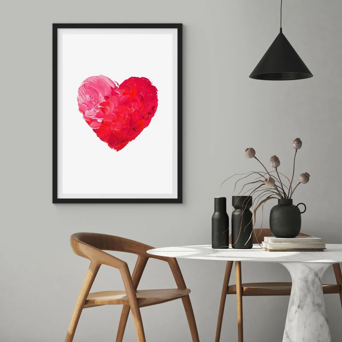 Plakat w czarnej ramie - Serce w czerwonych i różowych odcieniach - 50x70cm - All you need is love - Nowoczesna dekoracja ścienna do salonu i sypialni ARTTOR
