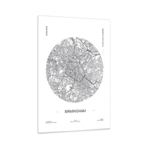 Obraz na szkle - Minimalistyczna mapa Birmingham w czarno-białej kolorystyce z precyzyjnymi detalami - 70x100cm - Anatomia Birmingham - Nowoczesna dekoracja ścienna do salonu i sypialni ARTTOR