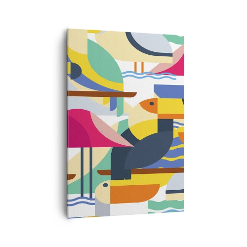 Obraz na płótnie - Kolorowe ptaki w abstrakcyjnej, geometrycznej kompozycji - 70x100cm - Ptasie party - Nowoczesna dekoracja ścienna do salonu i sypialni ARTTOR