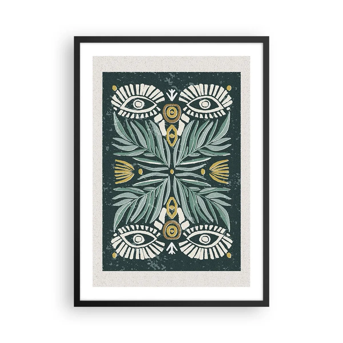 Plakat w czarnej ramie - Symetryczny wzór z liśćmi i oczami na ciemnym tle - 50x70cm - Jak ludowa wycinanka - Nowoczesna dekoracja ścienna do salonu i sypialni ARTTOR
