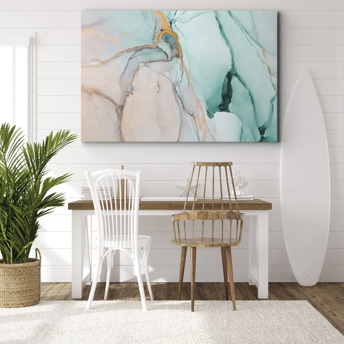 Obraz na płótnie - Abstrakcyjna kompozycja w odcieniach turkusu i złota - 70x50cm - Taniec kształtów i barw - Nowoczesna dekoracja ścienna do salonu i sypialni ARTTOR