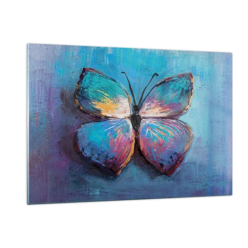 Obraz na szkle - Kolorowy motyl na tle abstrakcyjnych barw w odcieniach niebieskiego i fioletu - 120x80cm - W pełnej krasie - Nowoczesna dekoracja ścienna do salonu, kuchni i sypialni ARTTOR