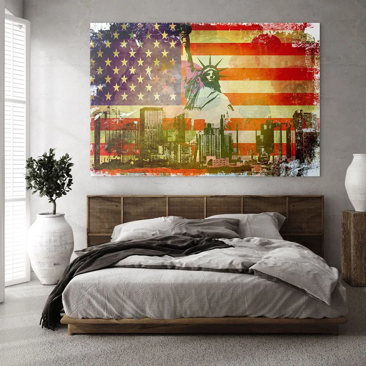Obraz na szkle - Flaga USA z sylwetką Statuy Wolności i miejskim krajobrazem - 70x50cm - Viva America! - Nowoczesna dekoracja ścienna do salonu i sypialni ARTTOR