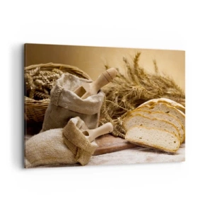 Obraz na płótnie - Krajobraz z chlebem, mąką i kłosami zbóż w rustykalnym stylu - 100x70cm - Jak nożem uciął - Nowoczesna dekoracja ścienna do salonu, kuchni i sypialni ARTTOR