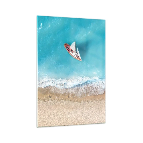 Obraz na szkle - Łódka przy plaży w widoku z lotu ptaka - 70x100cm - Na granicy błękitu i złota - Nowoczesna dekoracja ścienna do salonu i sypialni ARTTOR