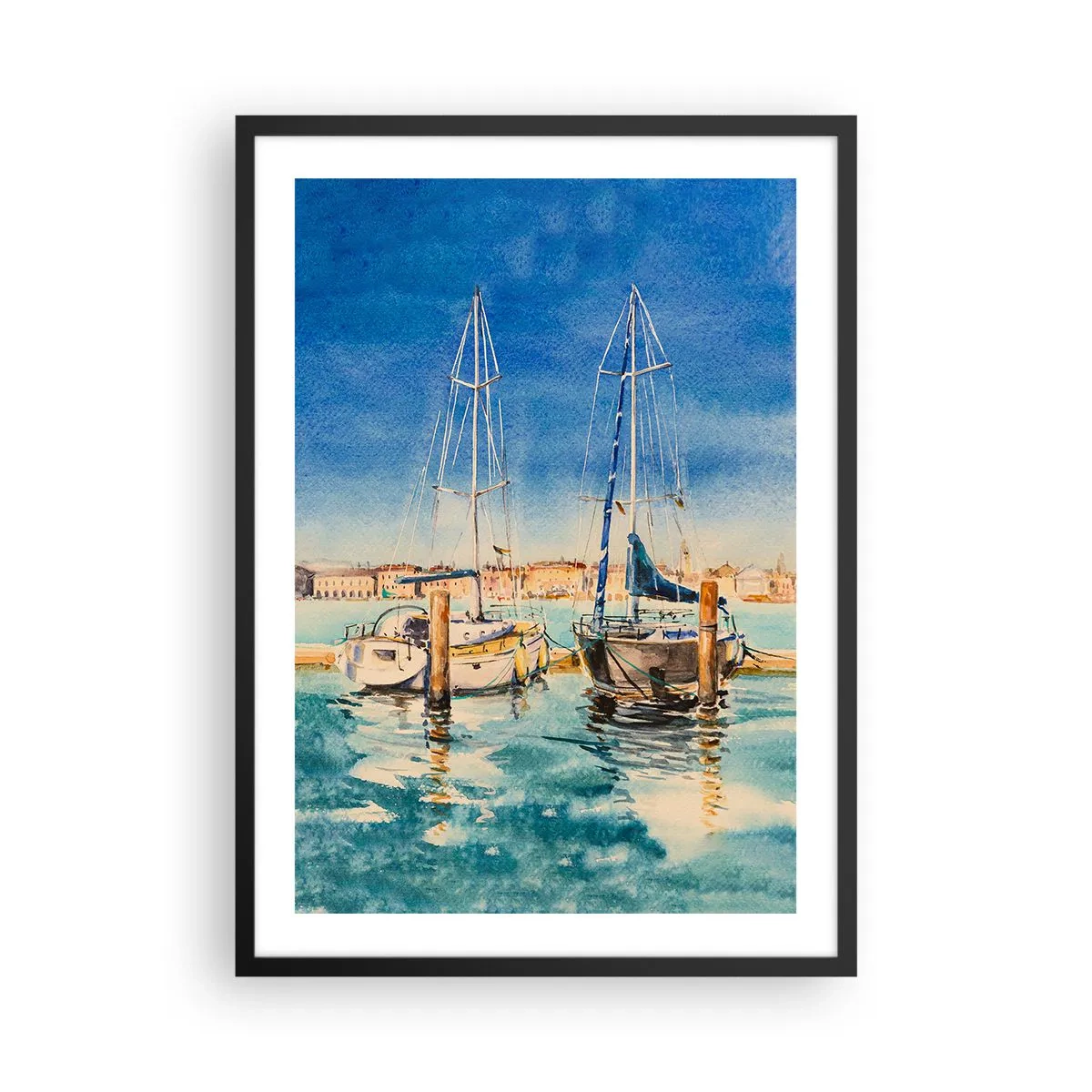 Plakat w czarnej ramie - Akwarelowa ilustracja żaglówek na tle błękitnej laguny w słoneczny dzień - 50x70cm - Słoneczna laguna - Nowoczesna dekoracja ścienna do salonu i sypialni ARTTOR
