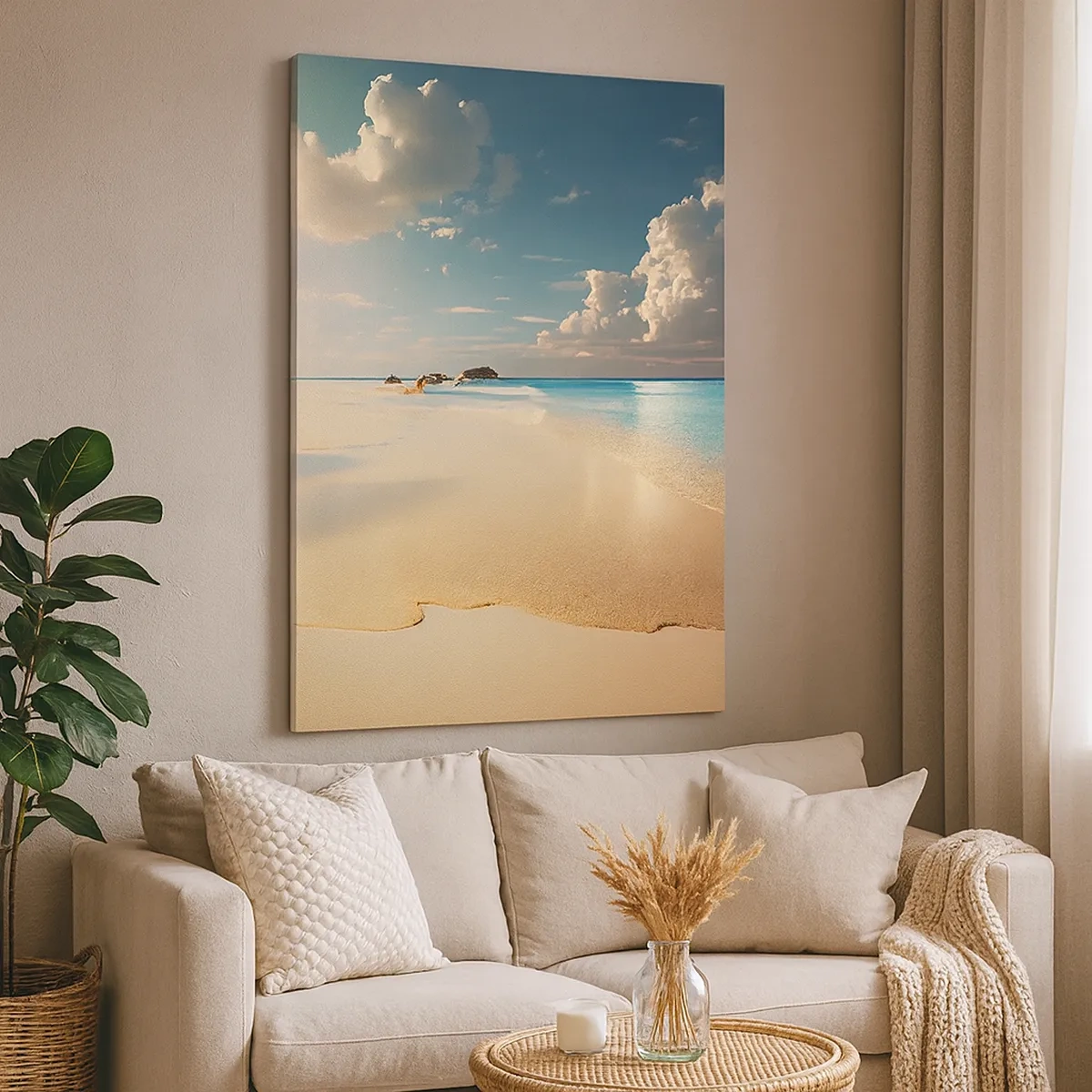 Obraz na płótnie - Tropikalna plaża z turkusowym morzem i białym piaskiem - 50x70cm - Wymarzony dzień - Nowoczesna dekoracja ścienna do salonu, kuchni i sypialni ARTTOR