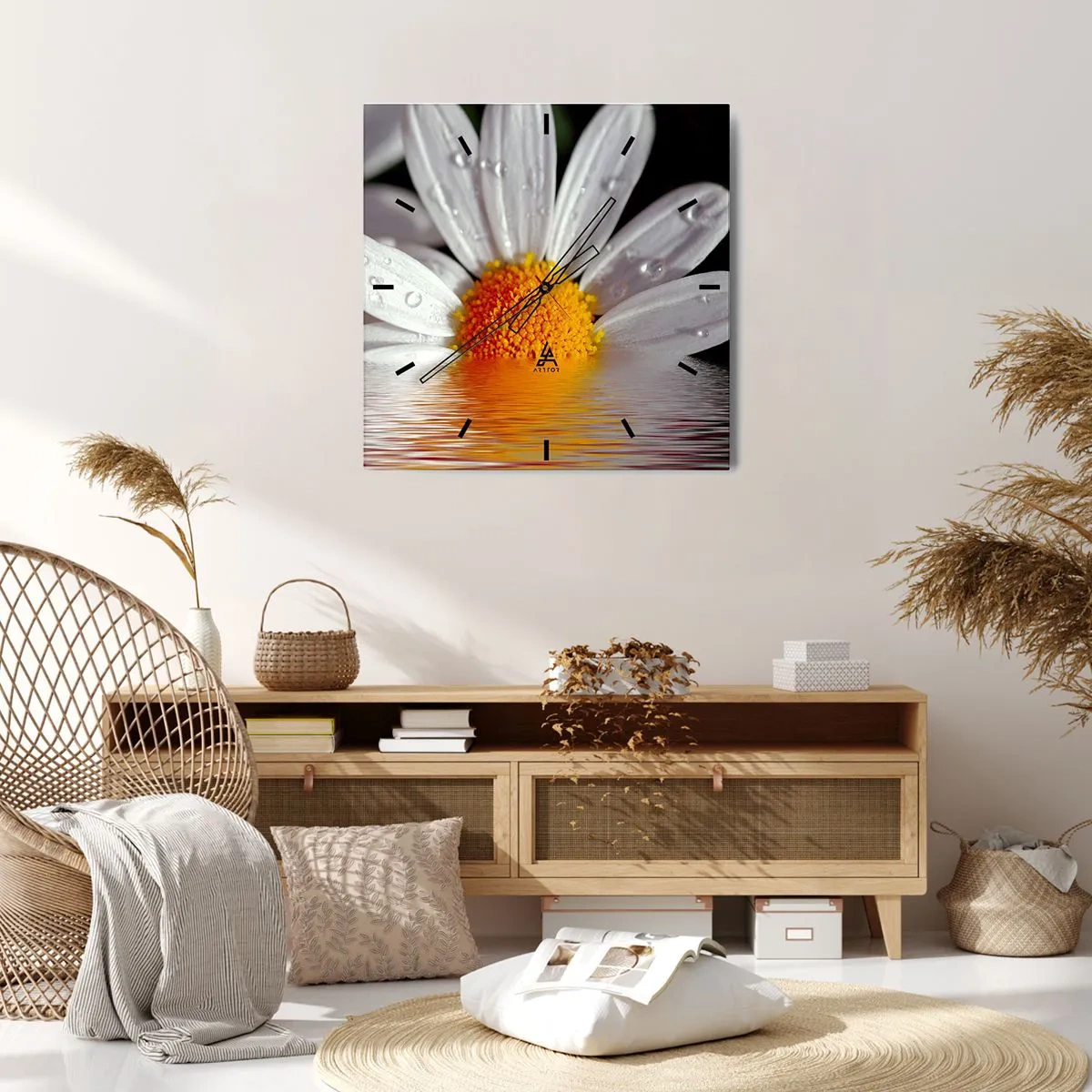 Zegar ścienny - Biała stokrotka z kroplami wody zanurzona w odbiciu na wodzie - 30x30cm - Wschodzące słońce margaretki - Nowoczesna dekoracja ścienna do salonu i sypialni ARTTOR
