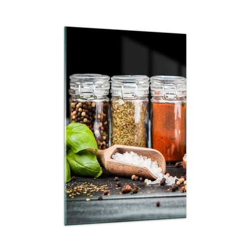 Obraz na szkle - Zioła i przyprawy w szklanych słoikach na ciemnym tle - 80x120cm - Żeby życie miało smak - Nowoczesna dekoracja ścienna do salonu i sypialni ARTTOR