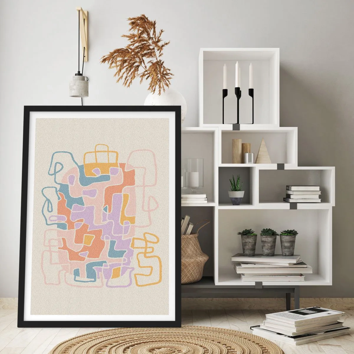 Plakat w czarnej ramie - Kolorowa abstrakcja z nieregularnymi liniami na jasnym tle - 50x70cm - Labirynt – radosna przygoda - Nowoczesna dekoracja ścienna do salonu i sypialni ARTTOR