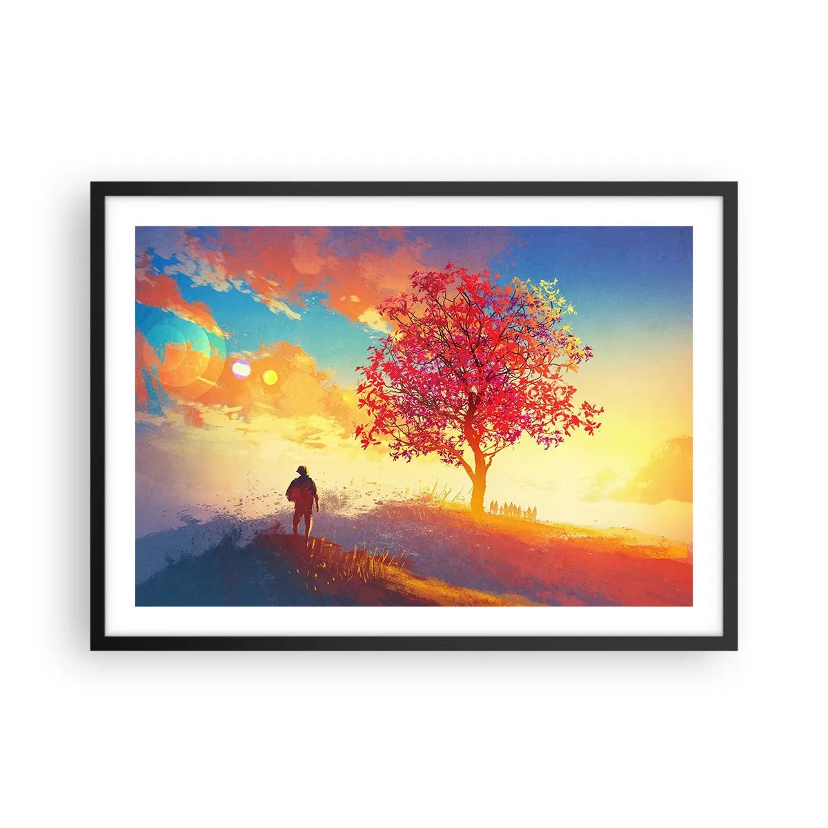 Plakat w czarnej ramie - Postać na wzgórzu obok kolorowego drzewa w świetle zachodzącego słońca - 70x50cm - Pielgrzym u celu - Nowoczesna dekoracja ścienna do salonu i sypialni ARTTOR