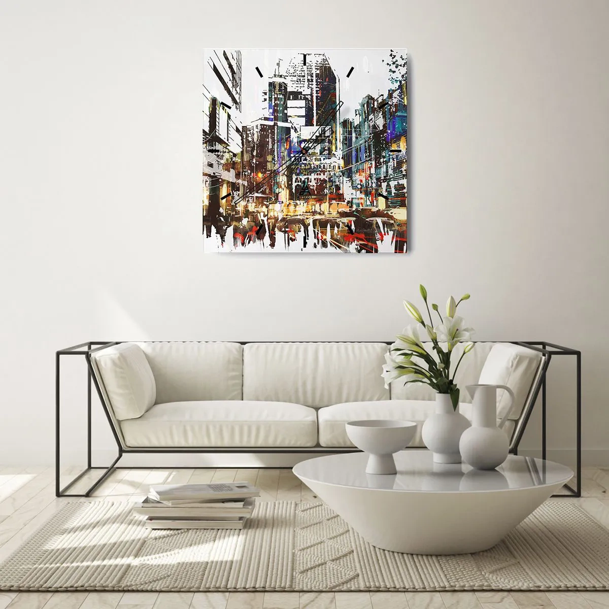 Zegar ścienny - Nowoczesny miejski pejzaż w artystycznym stylu - 30x30cm - Miasto migotliwe - Nowoczesna dekoracja ścienna do salonu i sypialni ARTTOR