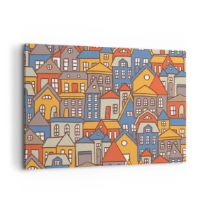 Obraz na płótnie - Kolorowe domki w stylu graficznym na jasnym tle - 120x80cm - Za domem dom - Nowoczesna dekoracja ścienna do salonu, kuchni i sypialni ARTTOR