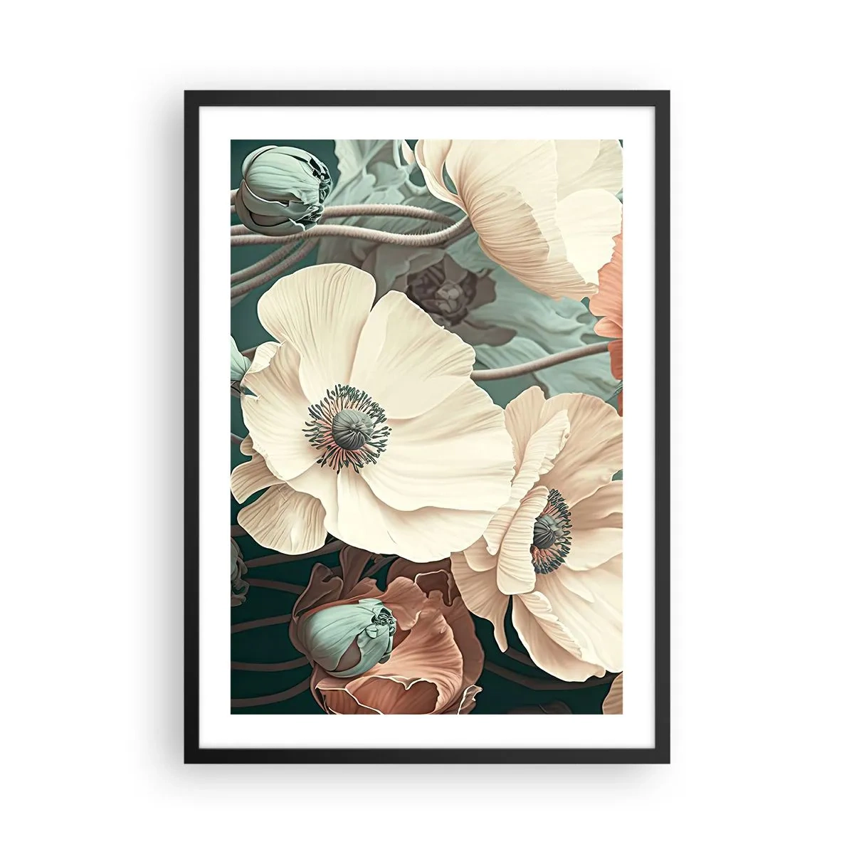 Plakat w czarnej ramie - Delikatne kwiaty w pastelowych odcieniach na ciemnym tle - 50x70cm - Szept maków - Nowoczesna dekoracja ścienna do salonu i sypialni ARTTOR