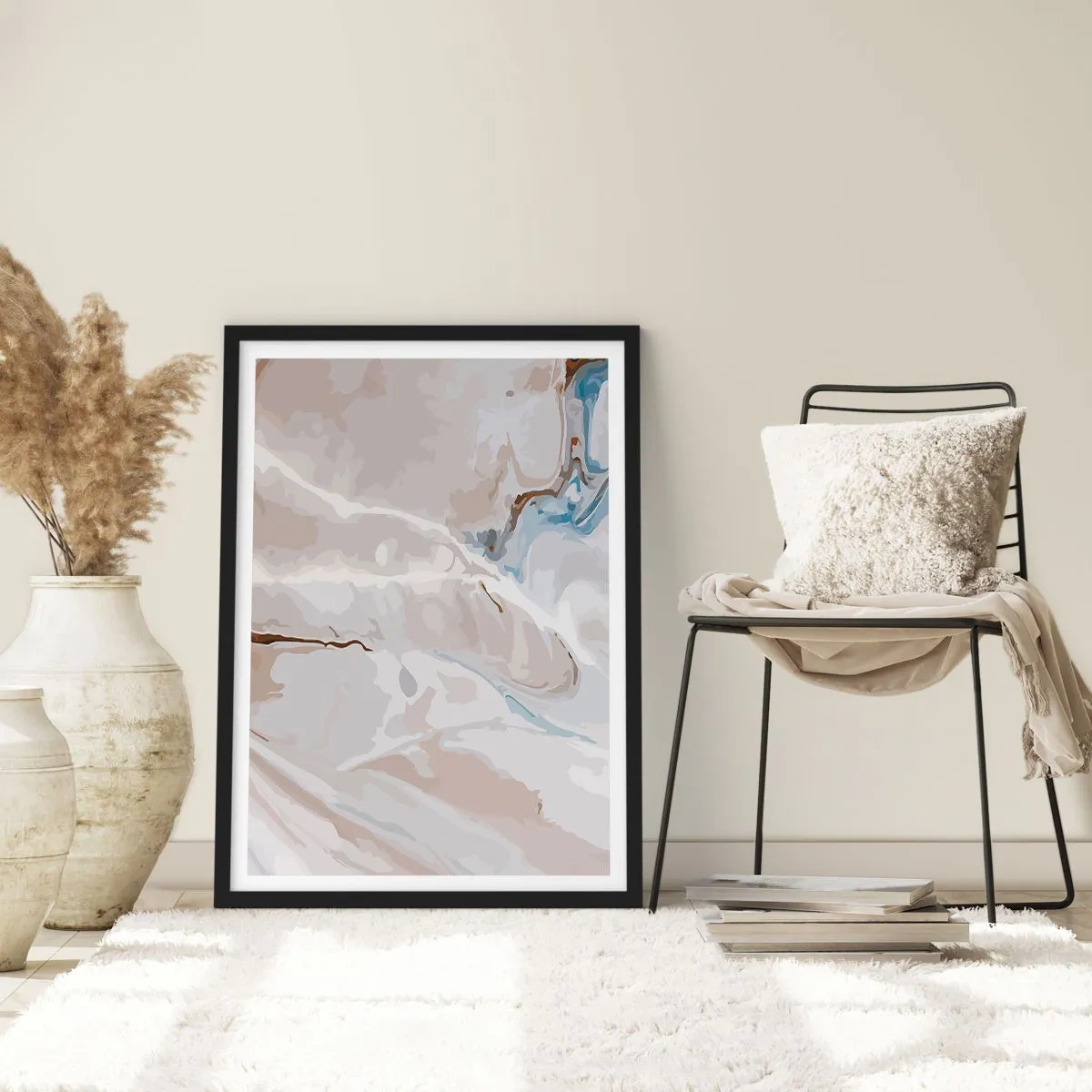 Plakat w czarnej ramie - Błękitne meandry pod bielą - 40x50 cm
