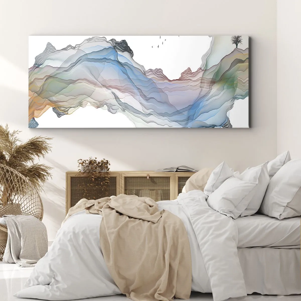 Obraz na płótnie - Subtelny krajobraz z górami, wodą i łódką - 160x50cm - Ku kryształowym górom - Nowoczesna dekoracja ścienna do salonu i sypialni ARTTOR