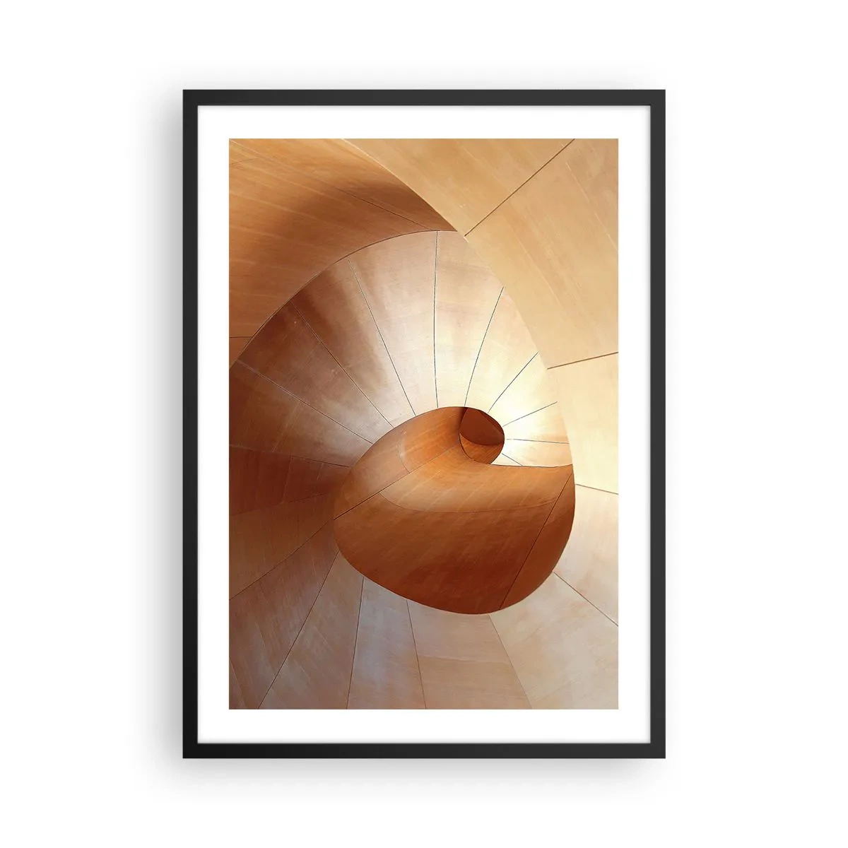 Plakat w czarnej ramie - Drewniana spiralna konstrukcja o złotym odcieniu - 50x70cm - Architektoniczna serpentyna - Nowoczesna dekoracja ścienna do salonu i sypialni ARTTOR