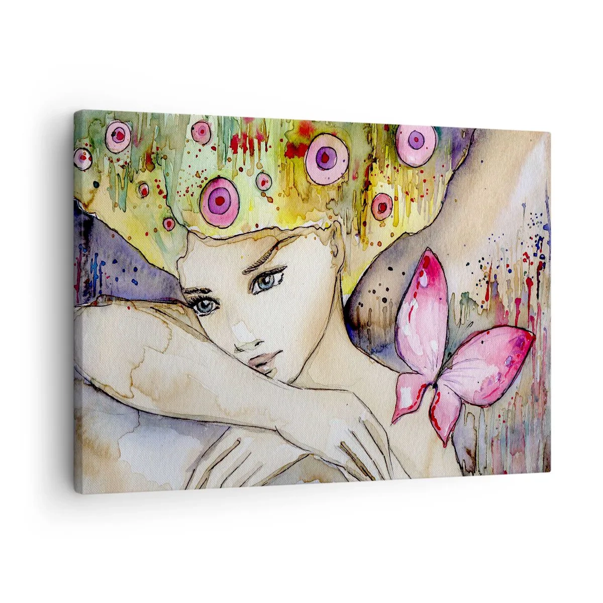 Obraz na płótnie - Kobieta z abstrakcyjną fryzurą i różowym motylem - 70x50cm - Motyla księżniczka - Nowoczesna dekoracja ścienna do salonu i sypialni ARTTOR