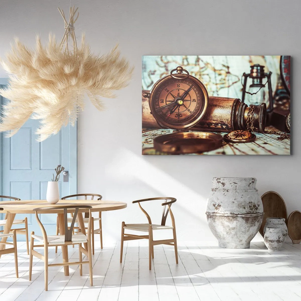 Obraz na płótnie - Zestaw retro z kompasem, lunetą i mapą w klimacie podróżniczym - 120x80cm - Piracka przygoda na Karaibach czeka - Nowoczesna dekoracja ścienna do salonu, kuchni i sypialni ARTTOR