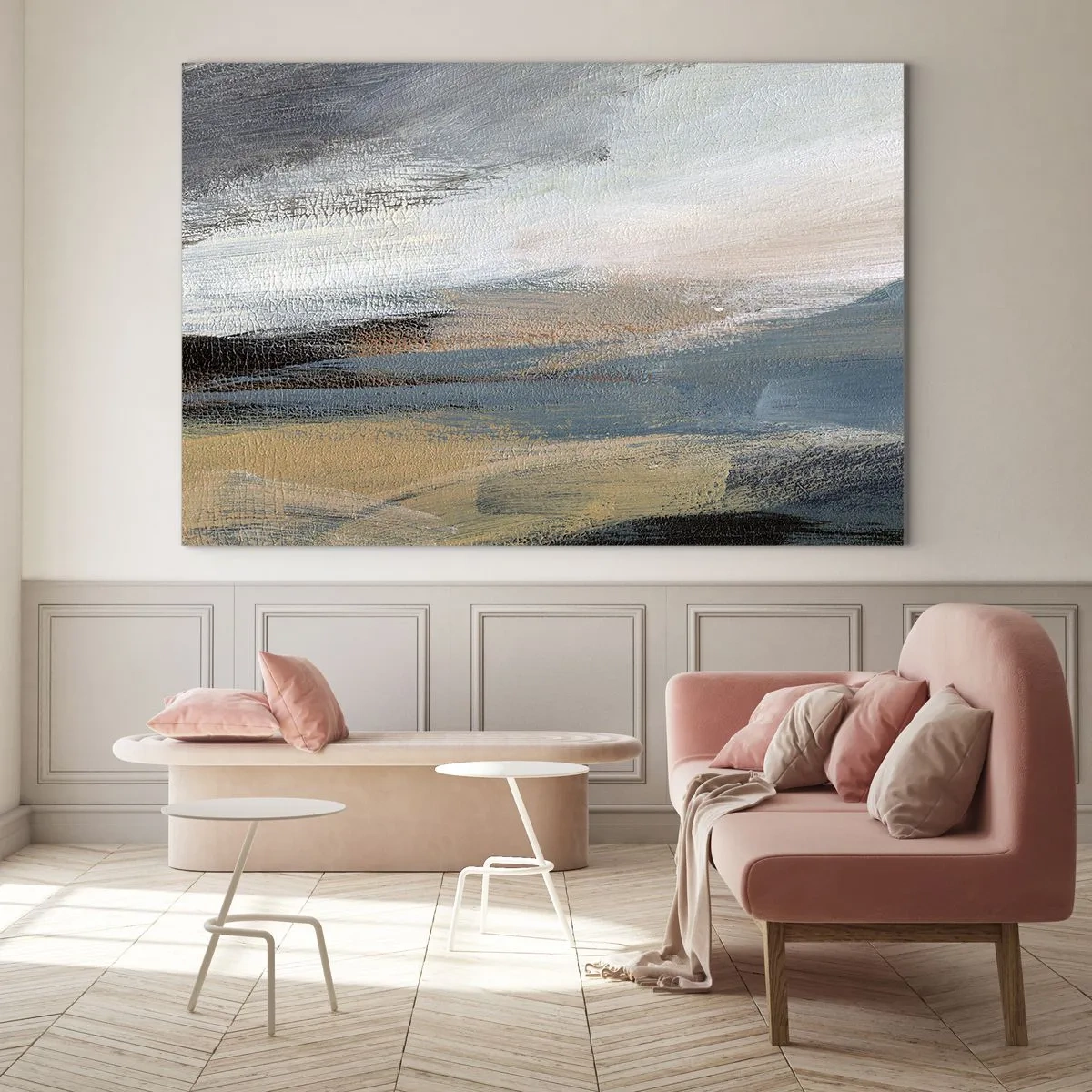 Obraz na szkle - Abstrakcyjny pejzaż w chłodnych i ziemistych barwach - 70x50cm - Abstrakcja: pejzaż północny - Nowoczesna dekoracja ścienna do salonu i sypialni ARTTOR