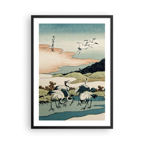 Plakat w czarnej ramie - Tradycyjna japońska grafika z żurawiami w krajobrazie natury - 50x70cm - W japońskim duchu - Nowoczesna dekoracja ścienna do salonu i sypialni ARTTOR