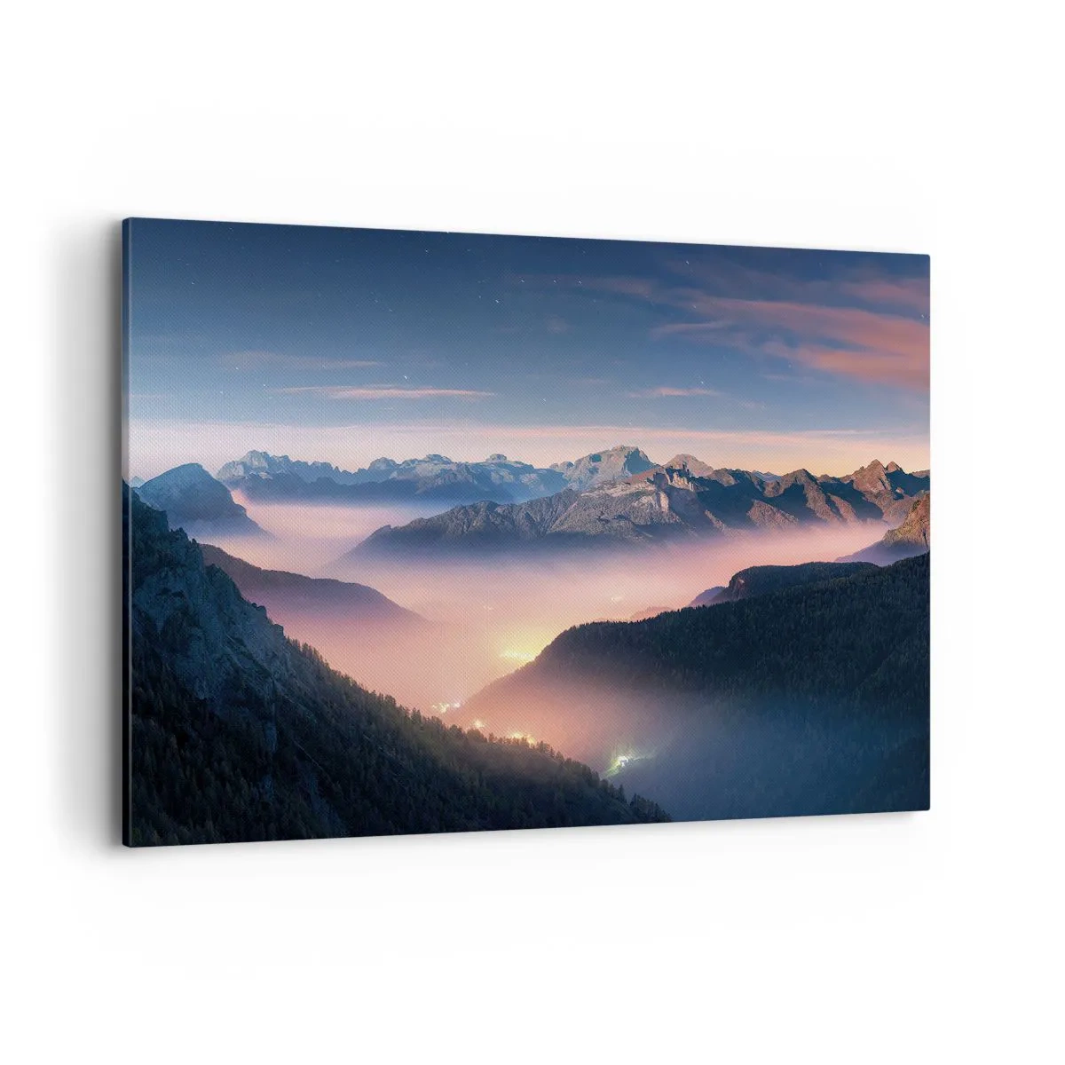 Obraz na płótnie - Górski krajobraz z doliną wypełnioną mgłą - 100x70cm - Światło w dolinach - Nowoczesna dekoracja ścienna do salonu, kuchni i sypialni ARTTOR