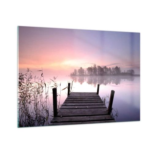 Obraz na szkle - Pomost o wschodzie słońca nad spokojnym jeziorem - 100x70cm - Z liliowej mgły... - Nowoczesna dekoracja ścienna do salonu, kuchni i sypialni ARTTOR
