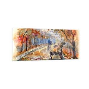 Obraz na szkle - Jesienny park z ławką w akwarelowym ujęciu - 120x50cm - Razem powędrować w jesień - Nowoczesna dekoracja ścienna do salonu i sypialni ARTTOR
