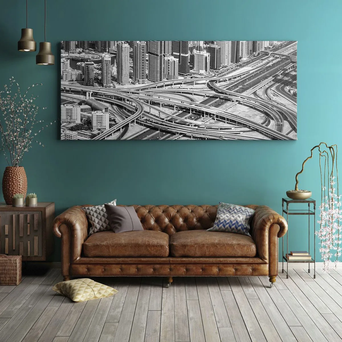Obraz na płótnie - Widok na Dubaj z perspektywy lotu ptaka - 160x50cm - Dubaj – miasto niemożliwe - Nowoczesna dekoracja ścienna do salonu i sypialni ARTTOR
